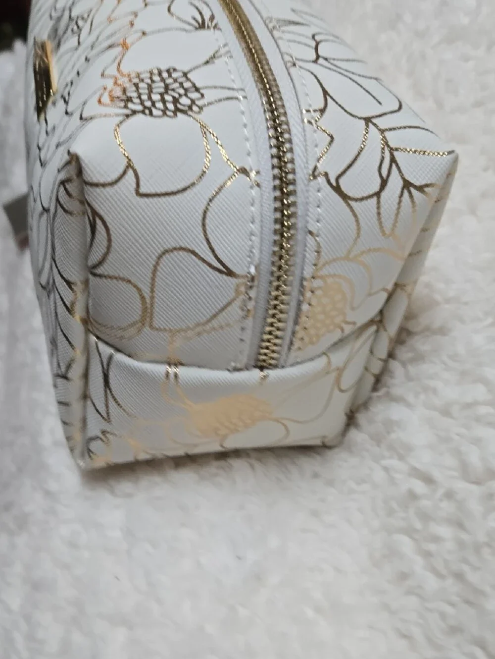 Vince Camuto White Cosmetic Bag with Gold Floral Accents
